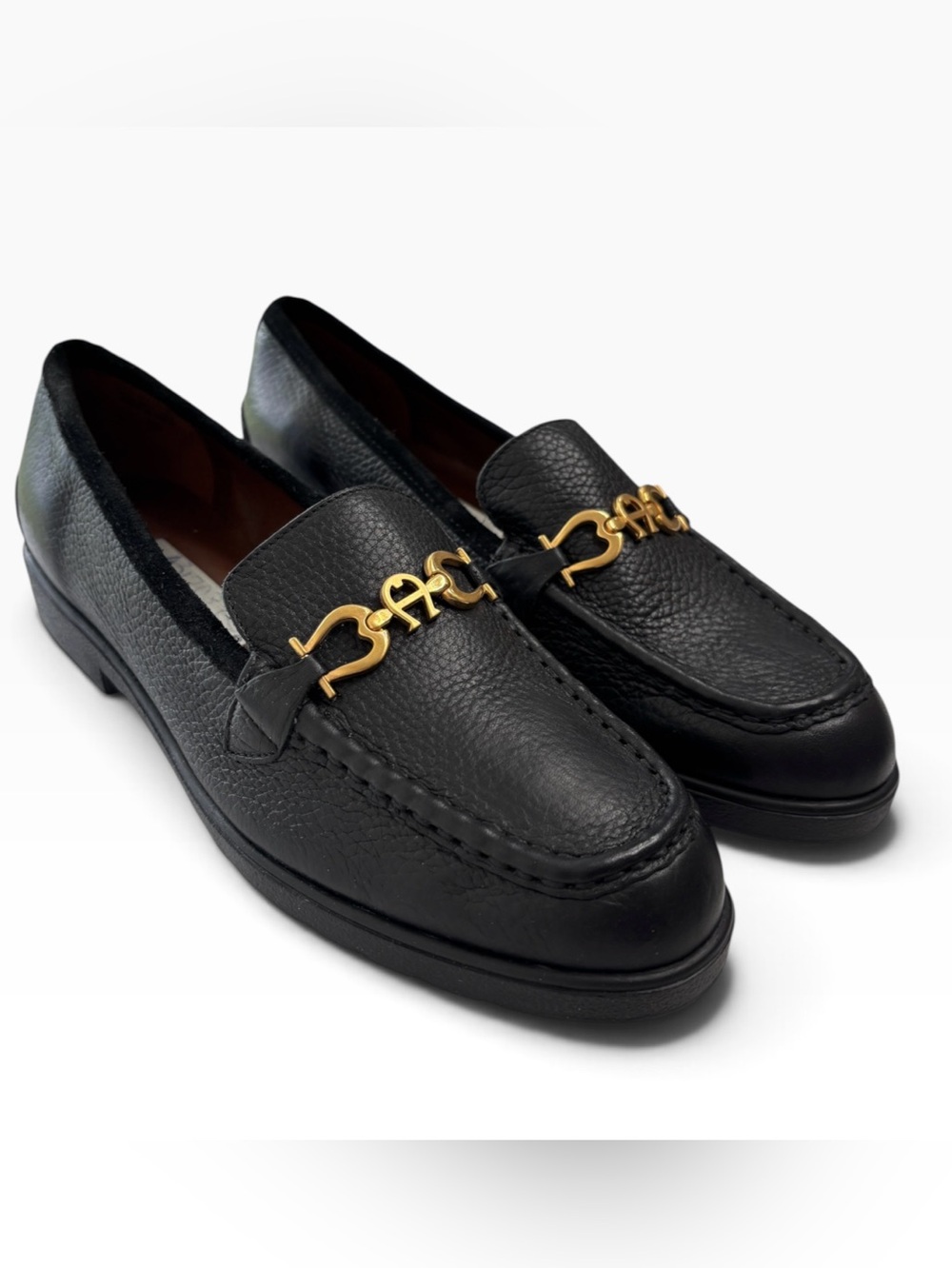 Etienne Aigner Tulsa Loafer Black Pebbled Leather Shoe Sz 7.5 M Gold Logo Chain